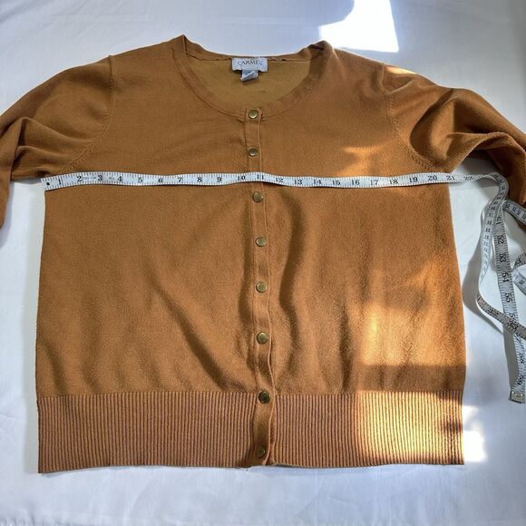 Carmen By Carmen Marc Valvo Women Tan  Cardigan Sweater with Gold Buttons Sz XL - Picture 3 of 11